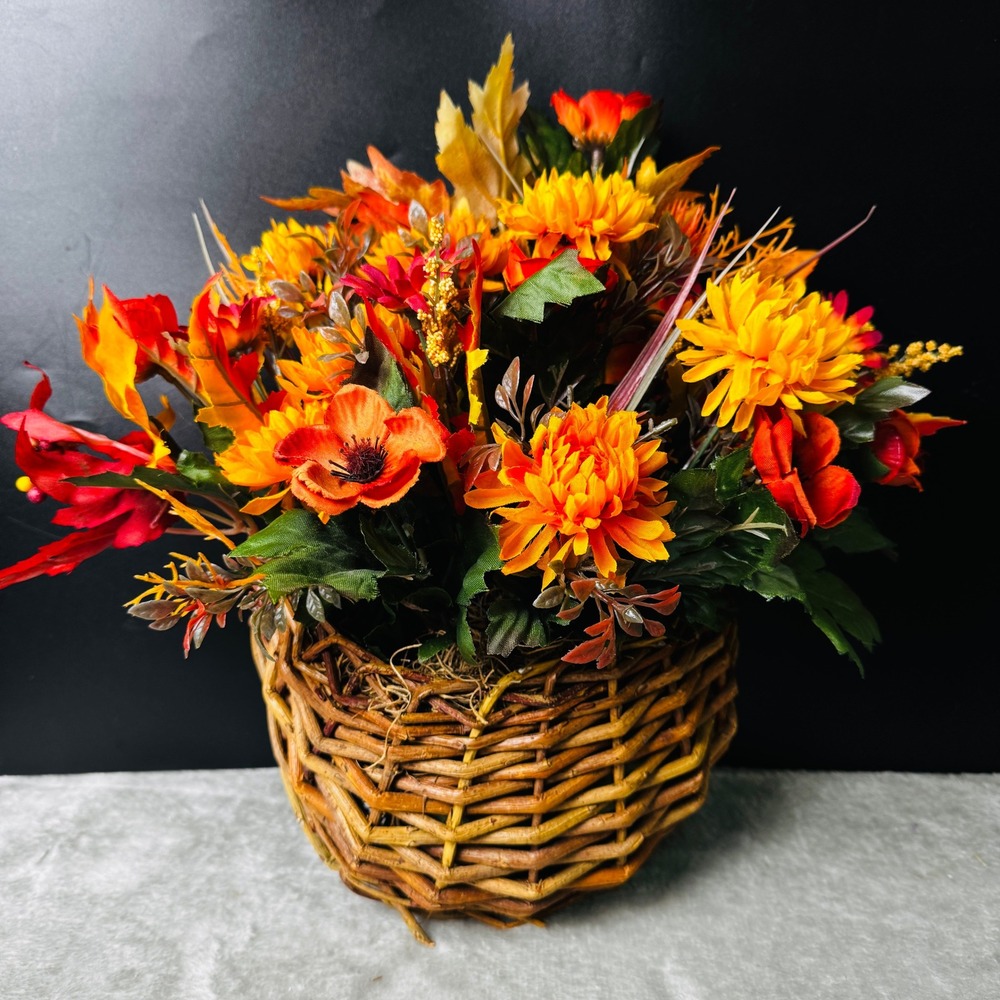 Fall Floral Arrangement Woven Twig Wall Basket Autumn Flowers Leaves Cottagecore - Picture 5 of 8